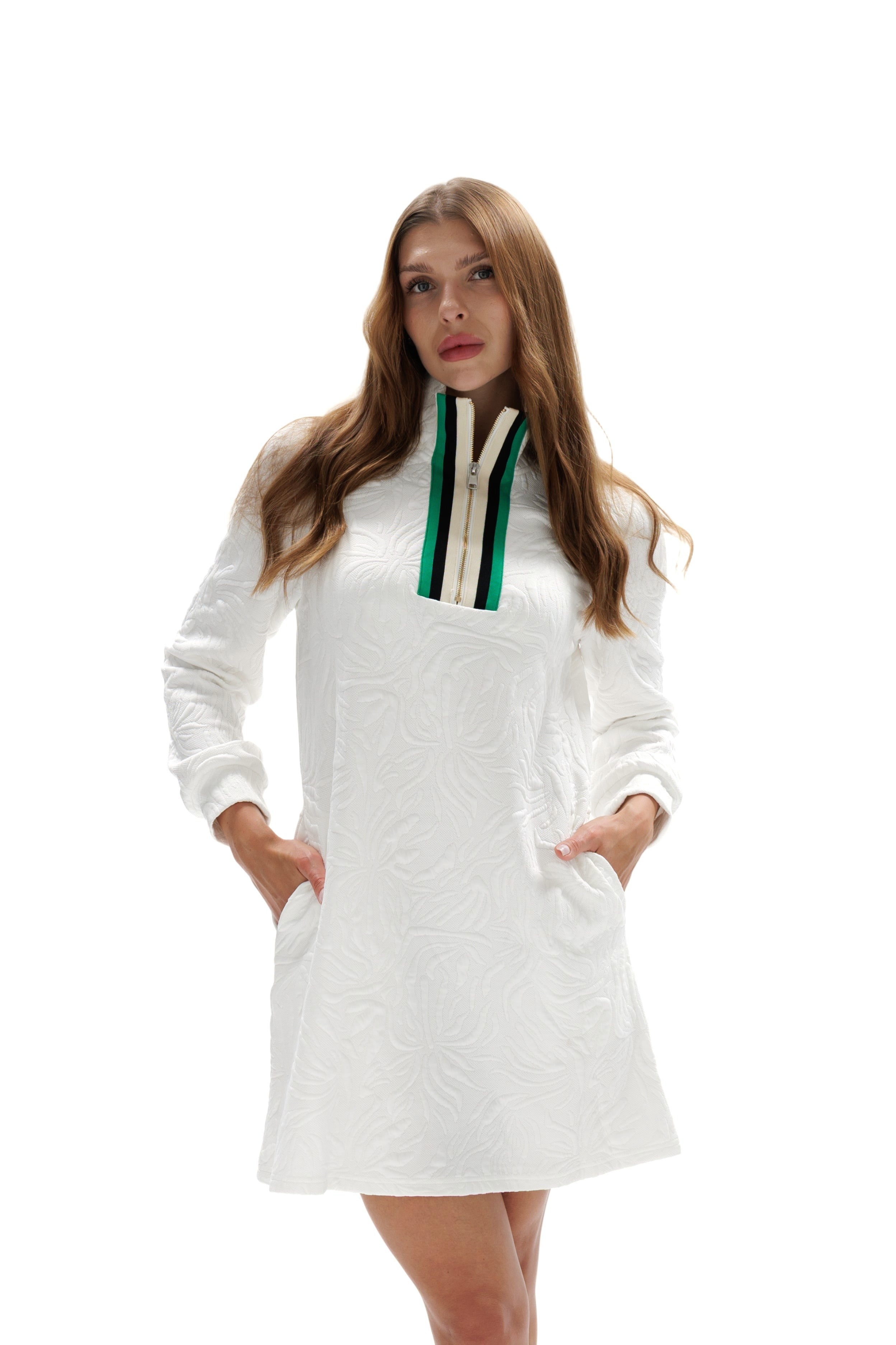 Brocade Textured White Mini Dress with Zipper