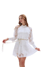 Woven Lace Dress with Puff Sleeves