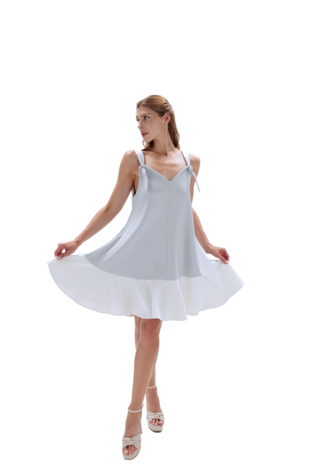Two-Tone Sleeveless Babydoll Dress: Light Gray & White