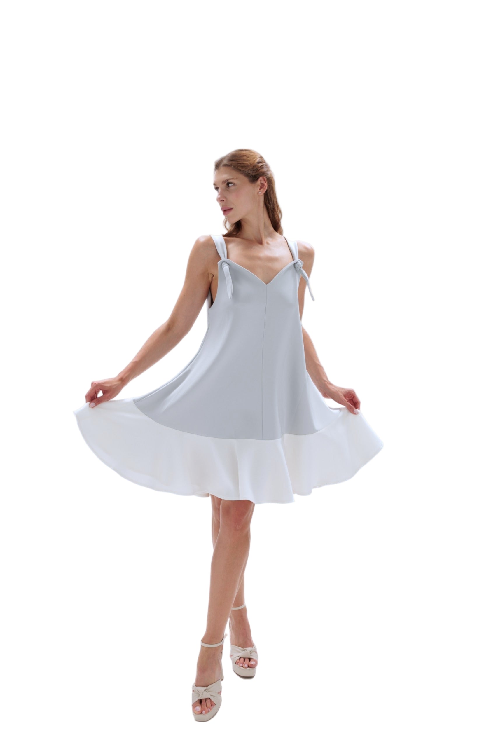 Two-Tone Sleeveless Babydoll Dress: Light Gray & White
