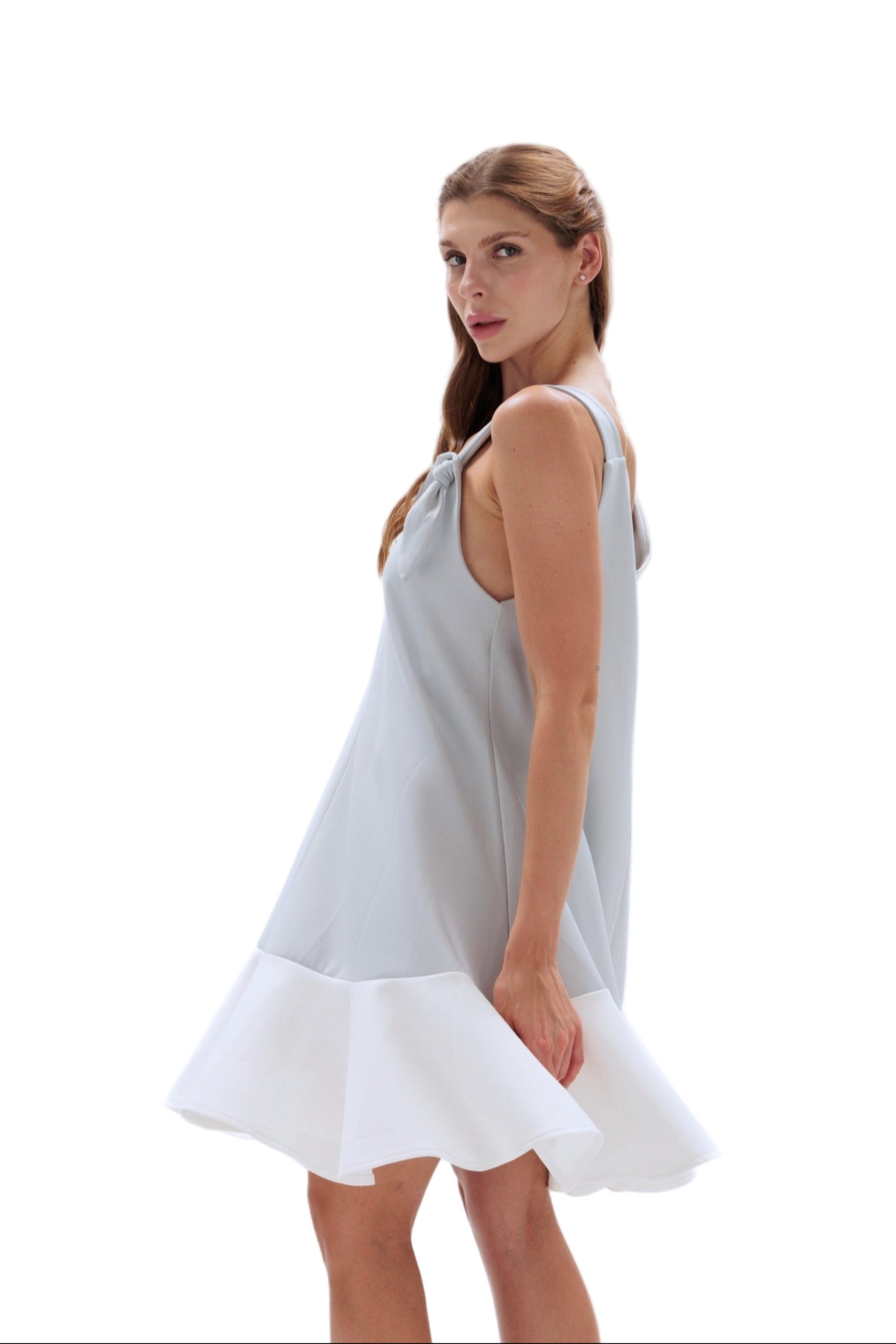 Two-Tone Sleeveless Babydoll Dress: Light Gray & White