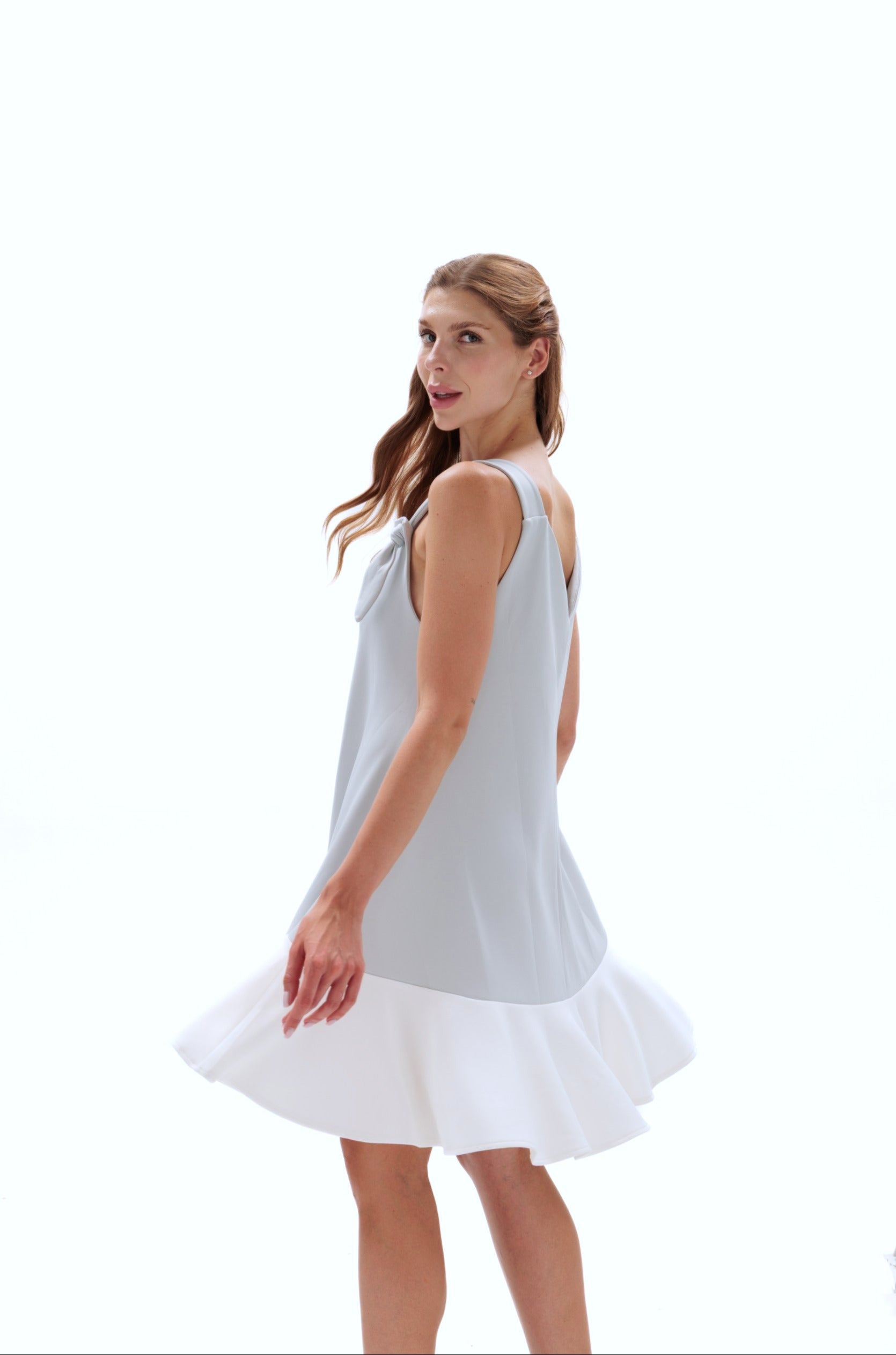 Two-Tone Sleeveless Babydoll Dress: Light Gray & White