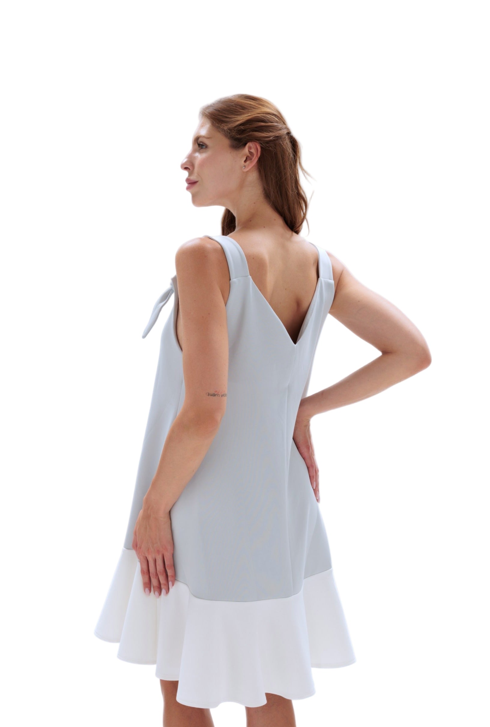 Two-Tone Sleeveless Babydoll Dress: Light Gray & White