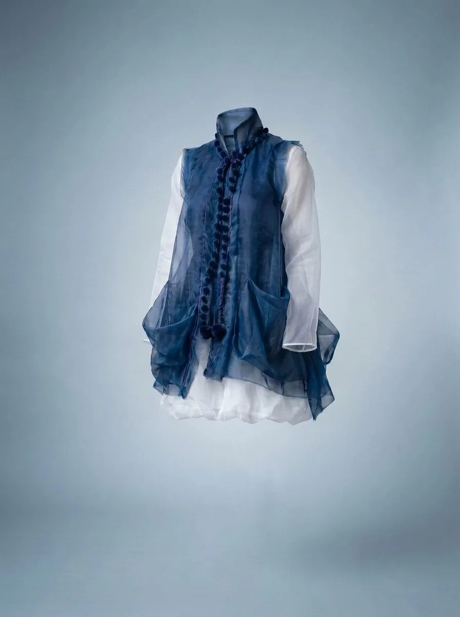 Shore Darling sustainable Chiffon Cloud Tunic & Bubble Skirt 2-Piece Set with a sheer dark blue vest and white dress