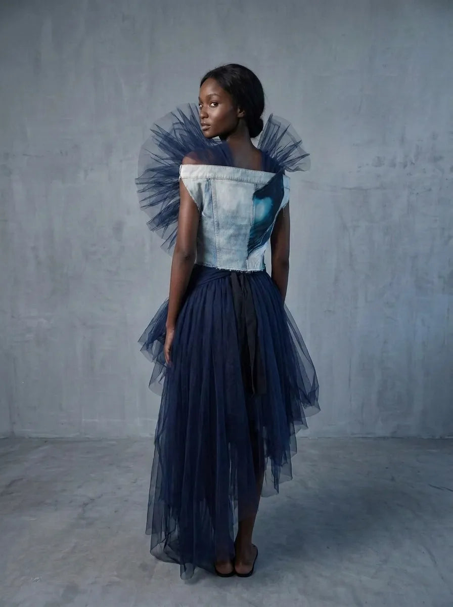 Denim Organza Chiffon Dress – Evening Edition