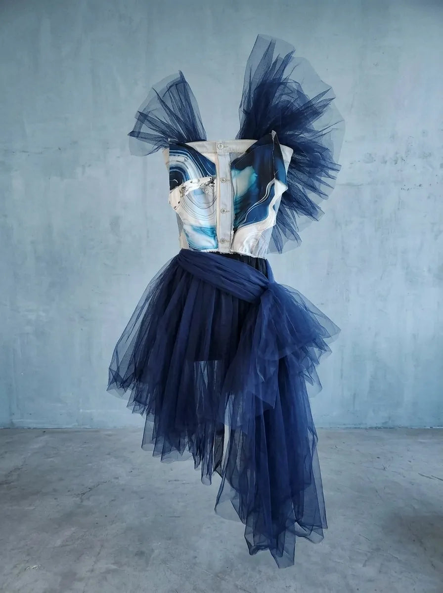 Denim Organza Chiffon Dress – Evening Edition