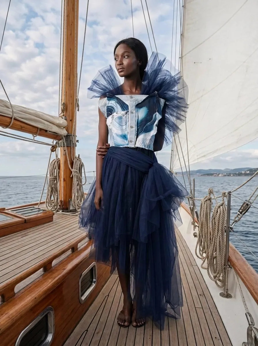 Woman wearing sustainable Shoredarling Denim Organza Chiffon Dress on a boat by the seashore
