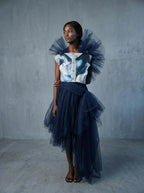 Woman wearing Shoredarling sustainable Denim Organza Chiffon Dress fashion