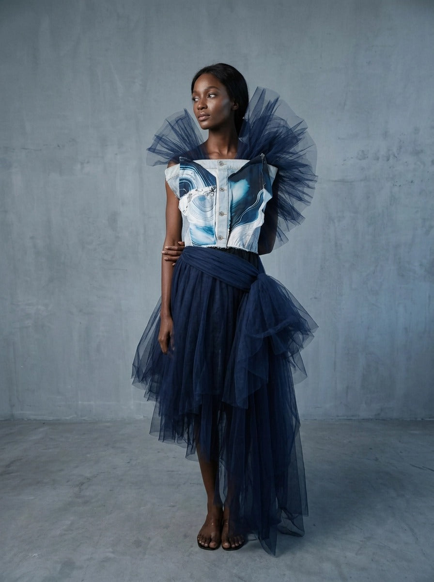 Woman wearing Shoredarling sustainable Denim Organza Chiffon Dress fashion