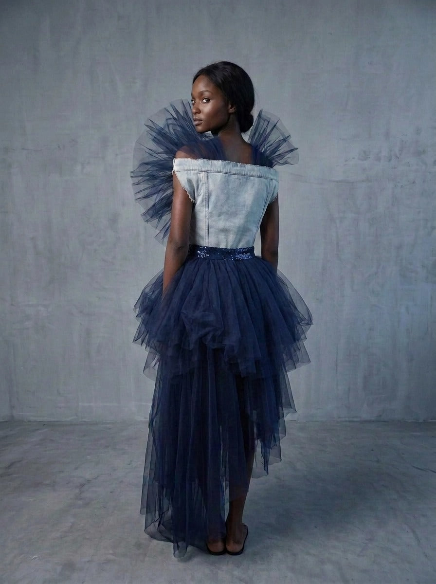 Denim Organza Chiffon Dress – Evening Edition