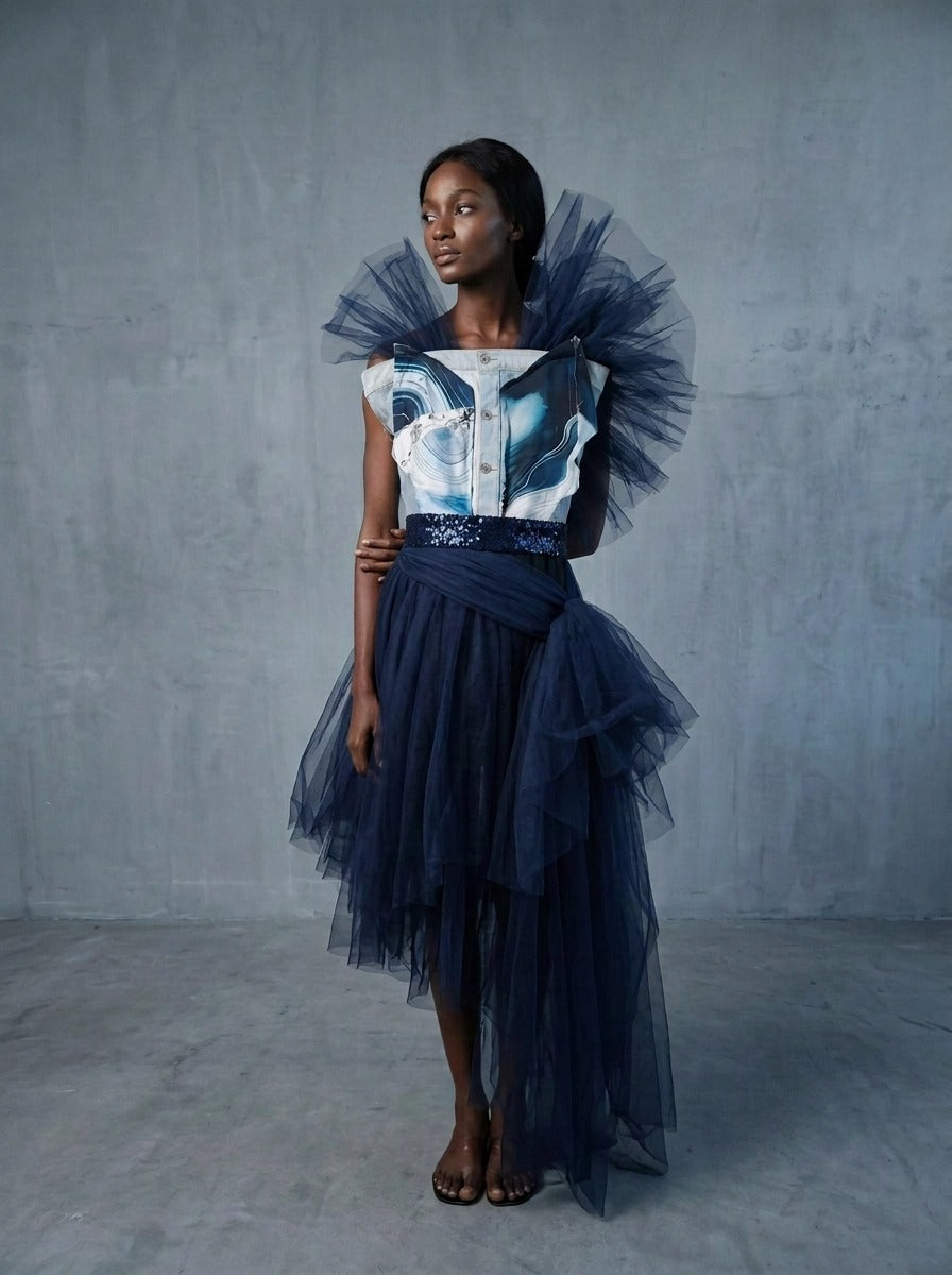 Denim Organza Chiffon Dress – Evening Edition