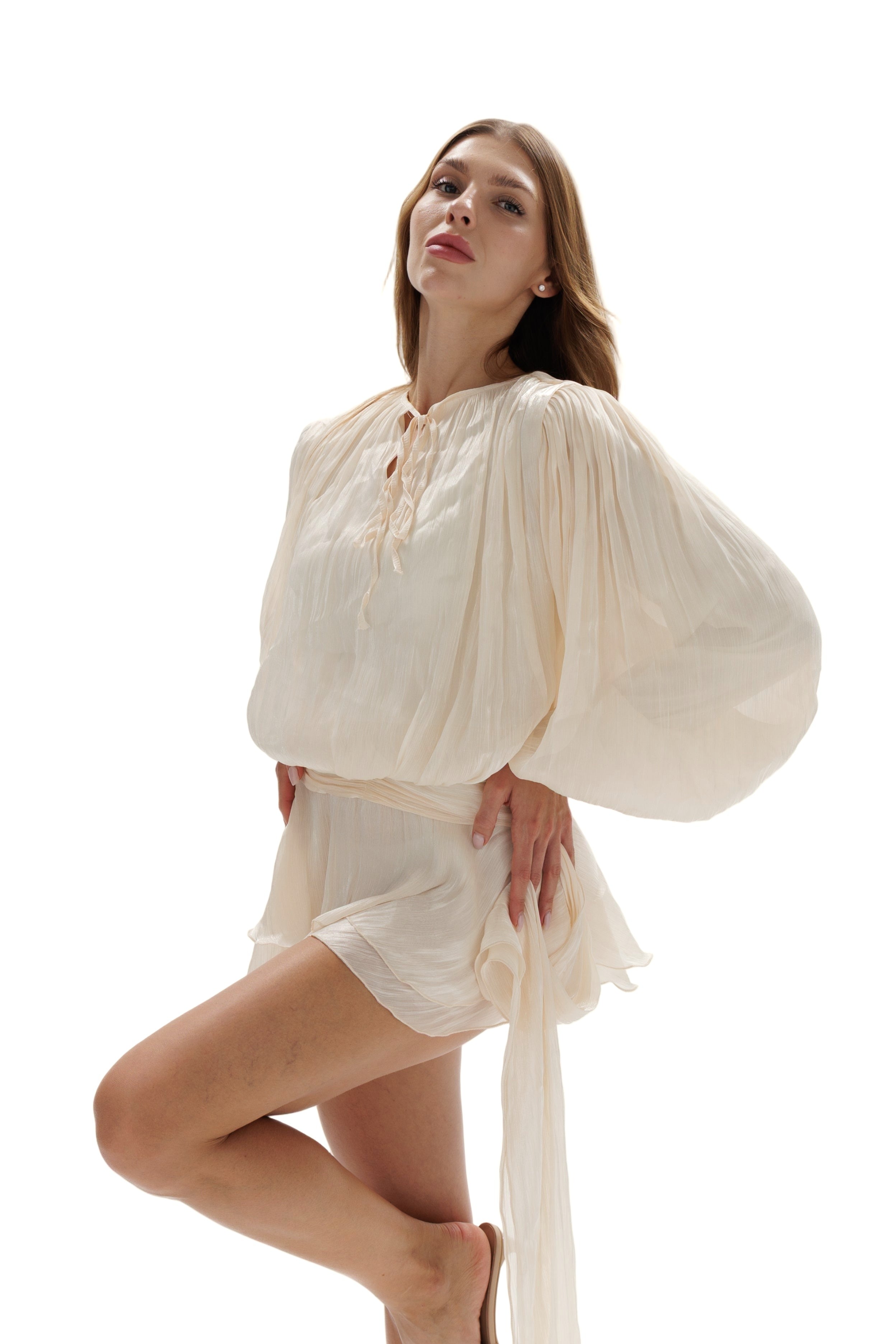 Elegant Chiffon Lightweight Mini Dress With Flowing Sleeves and Skirt Off-White