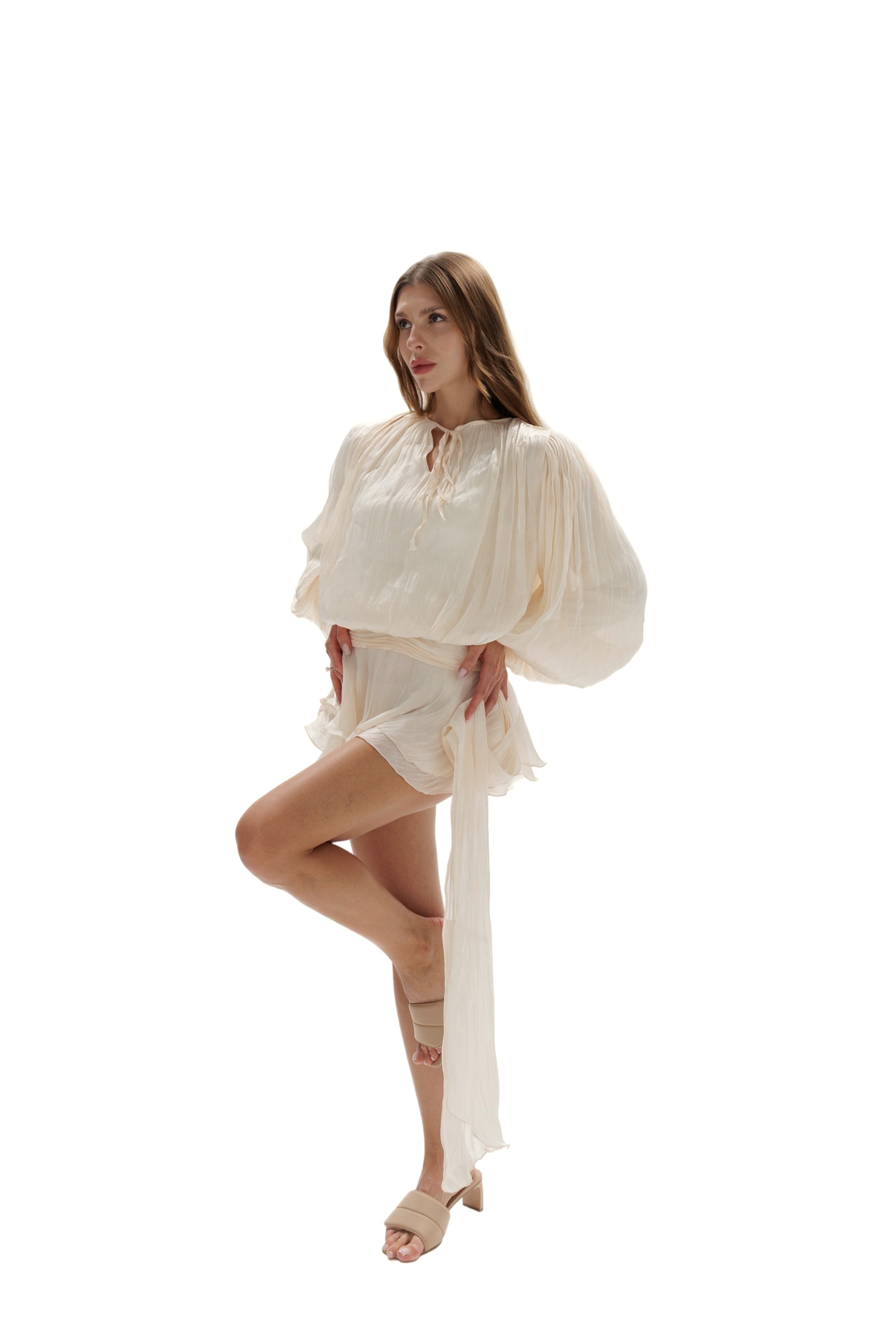 Elegant Chiffon Lightweight Mini Dress With Flowing Sleeves and Skirt Off-White