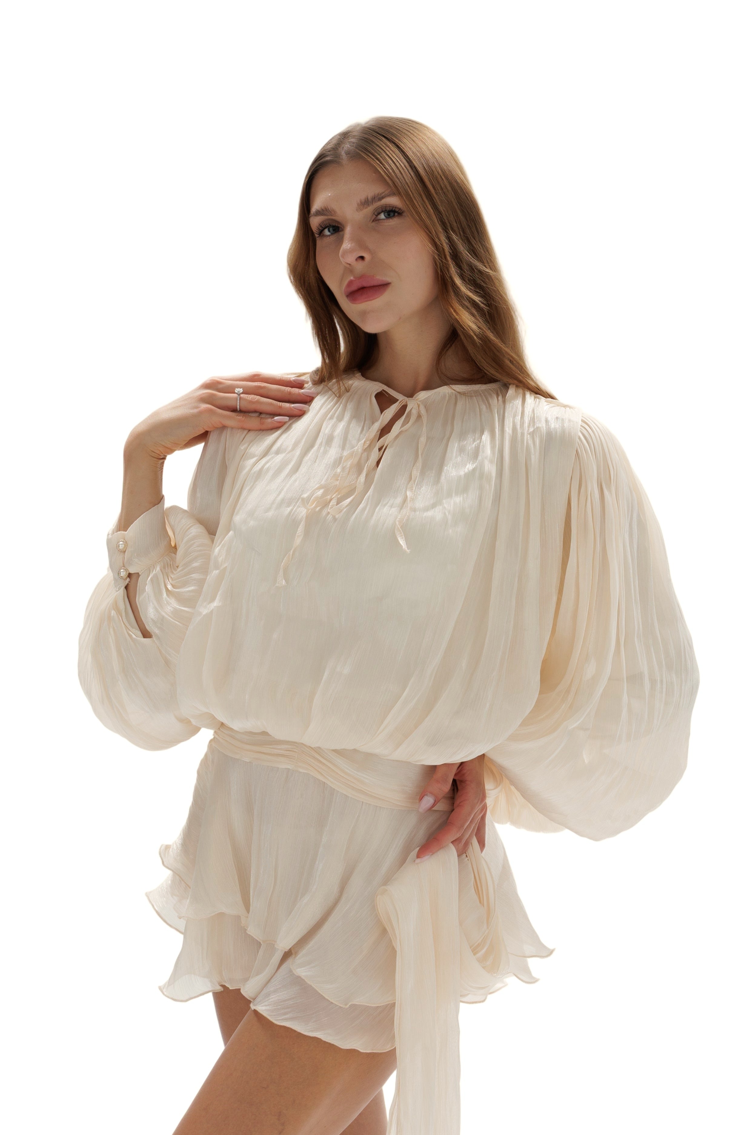 Elegant Chiffon Lightweight Mini Dress With Flowing Sleeves and Skirt Off-White