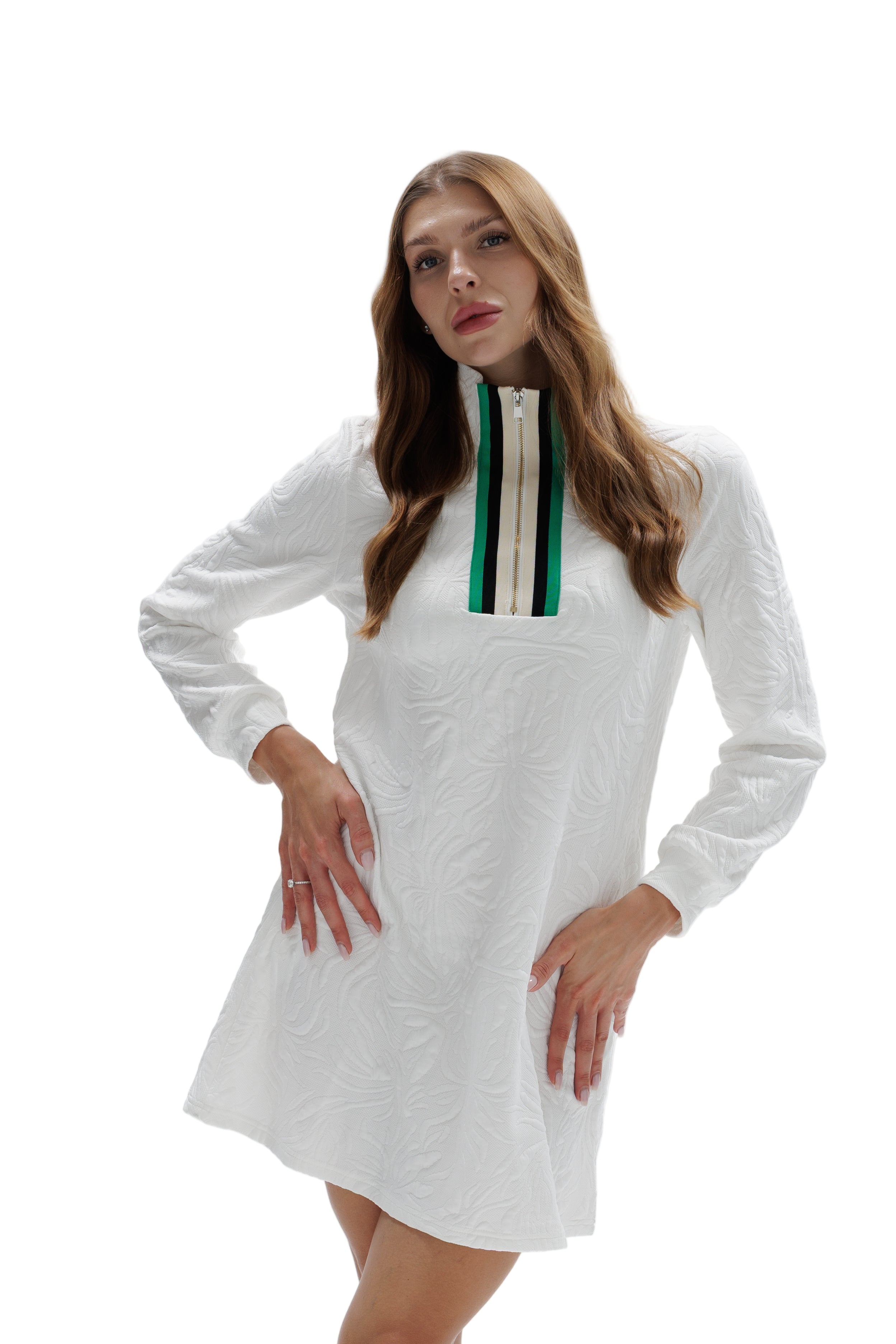 Brocade Textured White Mini Dress with Zipper