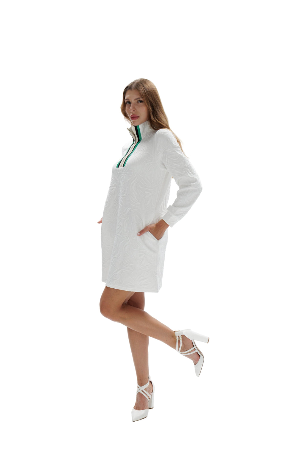 Brocade Textured White Mini Dress with Zipper