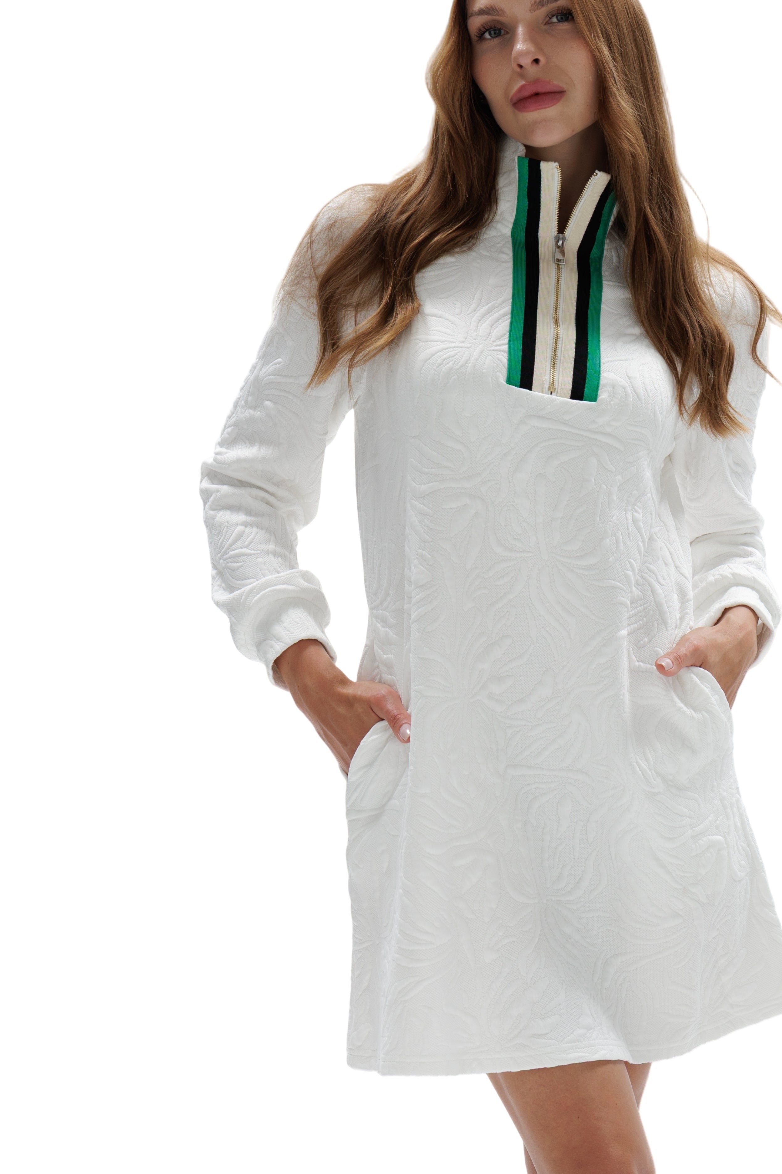 Brocade Textured White Mini Dress with Zipper