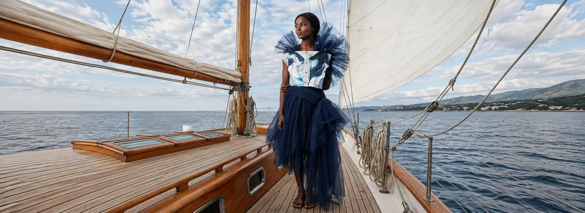 Woman wearing sustainable Shoredarling Denim Organza Chiffon Dress on a boat by the seashore