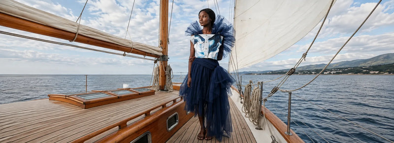 Woman wearing sustainable Shoredarling Denim Organza Chiffon Dress on a boat by the seashore
