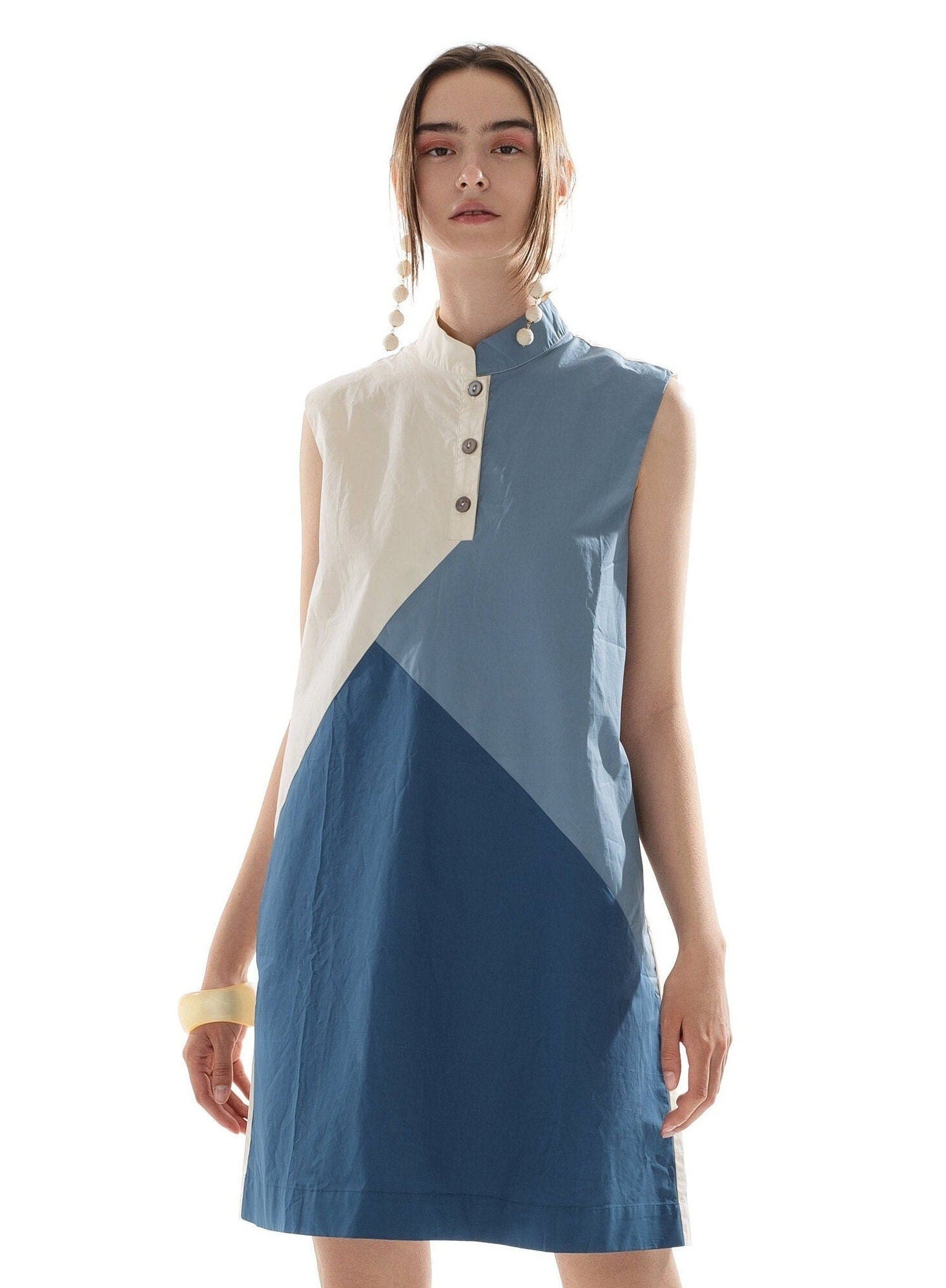 Color Block Shirt Dress: Geometric Three-Color Casual Dress