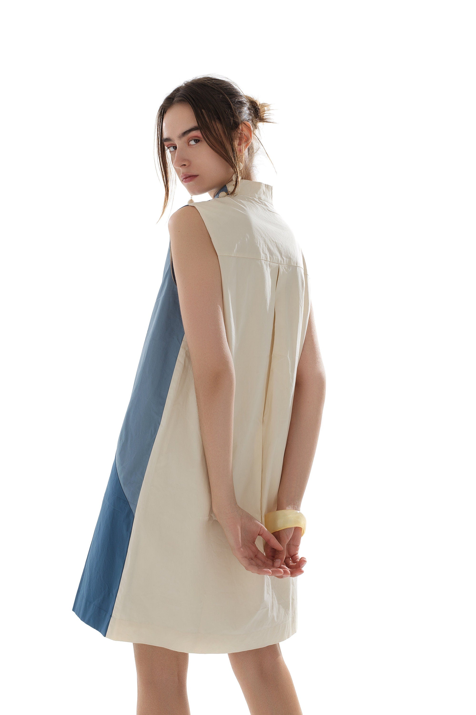 Color Block Shirt Dress: Geometric Three-Color Casual Dress