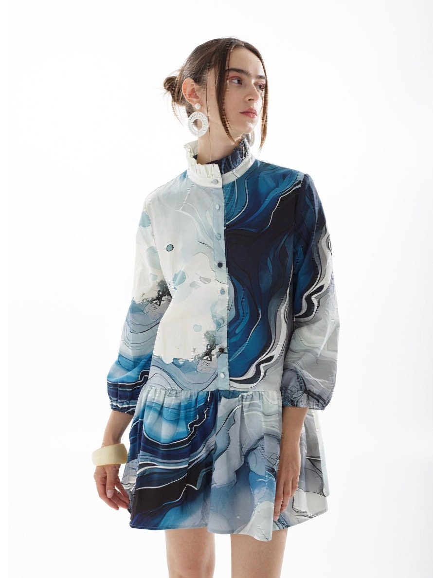 Sea Wave Pattern Dress: Custom Dropped Waist Dress